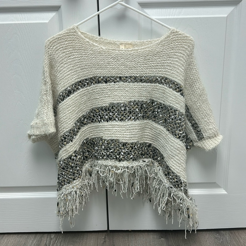 Moth Cream and Gray Striped Fringe Knit Poncho Sweater Small